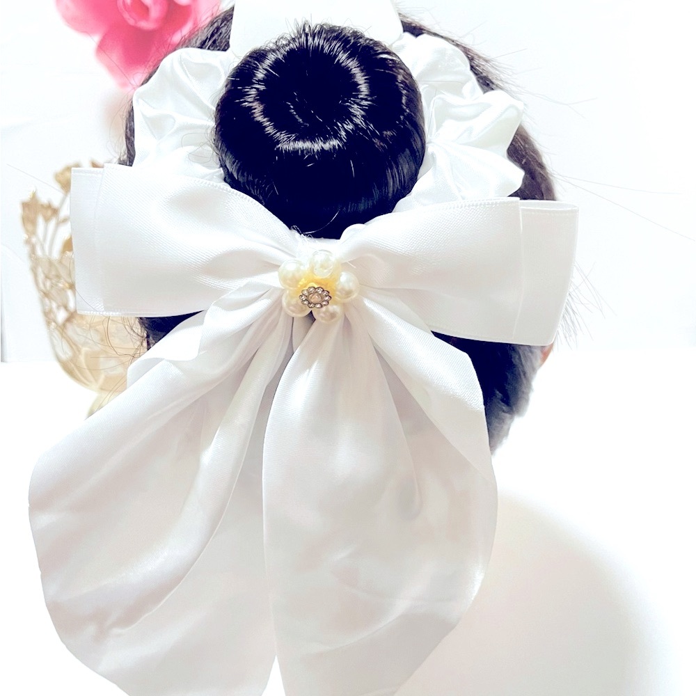 Elegant White Satin Hair Scrunchie with Bow